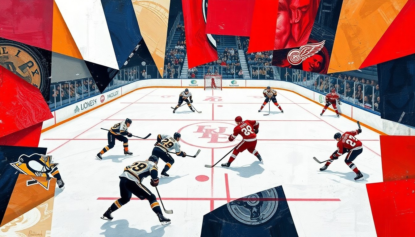 A cubist, geometric painting depicting a hockey game between the Pittsburgh Penguins and Detroit Red Wings, with the players and ice deconstructed into abstract shapes and angles, capturing the intensity and strategy of the defensive battle.