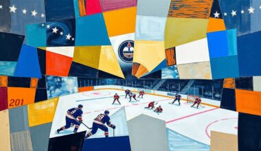 A cubist, geometric painting depicting a hockey game between the New York Islanders and Montreal Canadiens, with the players and arena broken down into sharp, overlapping planes of color and form.