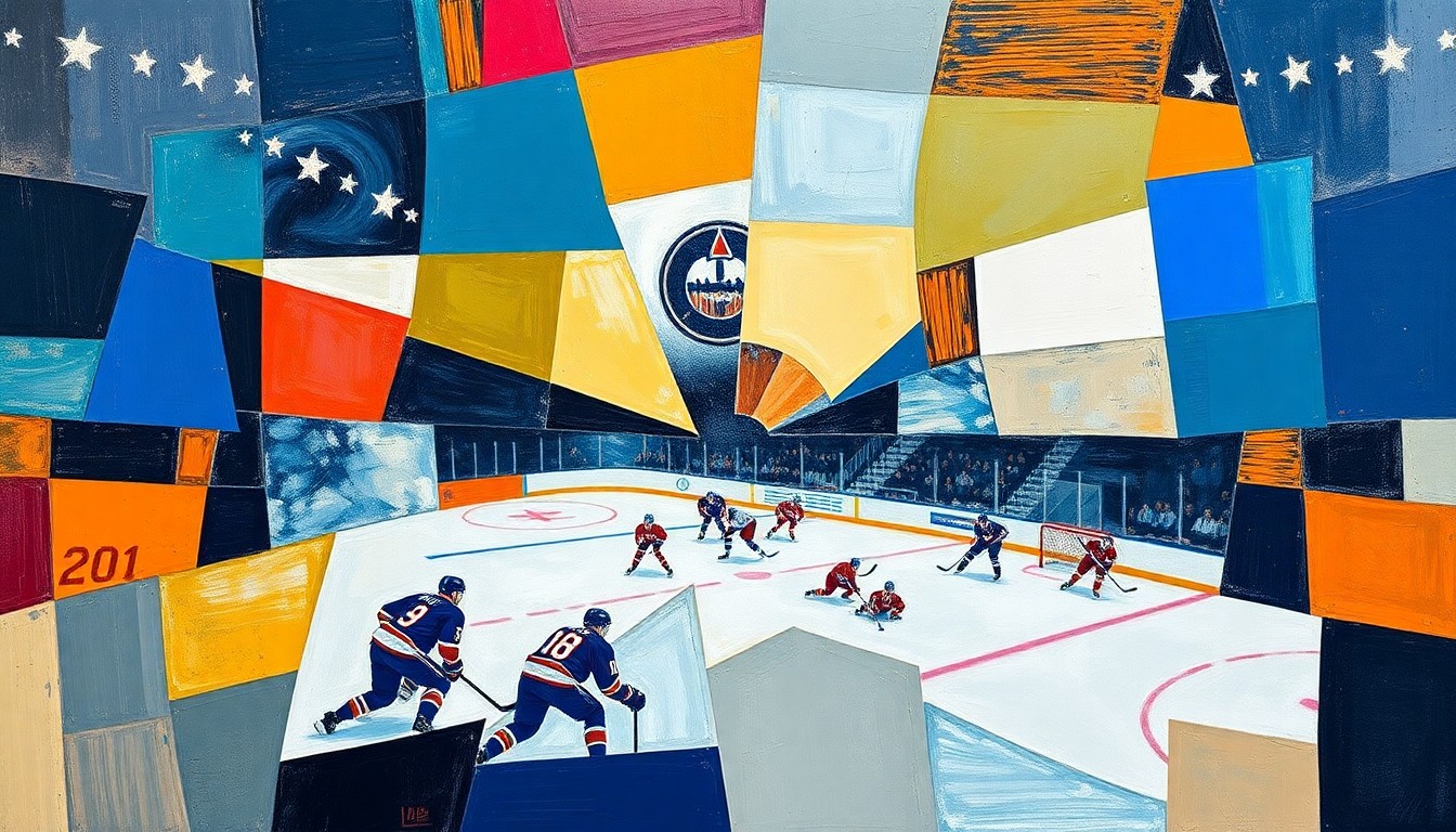 A cubist, geometric painting depicting a hockey game between the New York Islanders and Montreal Canadiens, with the players and arena broken down into sharp, overlapping planes of color and form.