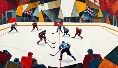 A cubist-style painting depicting a hockey game broken down into sharp, overlapping geometric shapes and planes of color, representing the complex interplay of Olympic injuries and their influence on NHL draft strategies.
