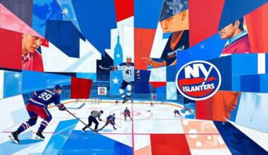 A fragmented, geometric painting depicting a hockey game between two teams, with sharp planes of color representing the players and action on the ice.