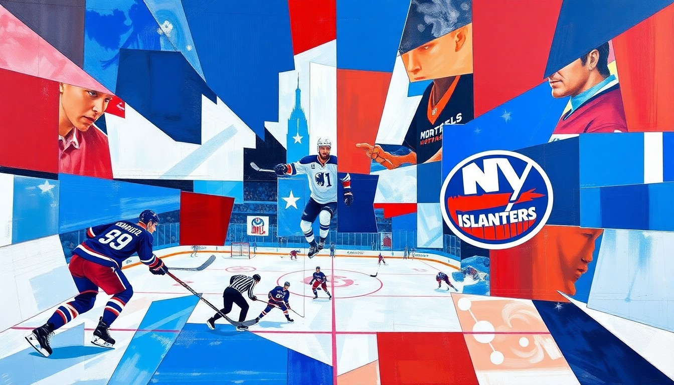 A fragmented, geometric painting depicting a hockey game between two teams, with sharp planes of color representing the players and action on the ice.