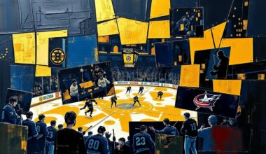 A cubist, geometric painting depicting a hockey game between the Boston Bruins and Columbus Blue Jackets, with the players and action broken down into sharp, overlapping planes of color in shades of black, gold, and navy blue.