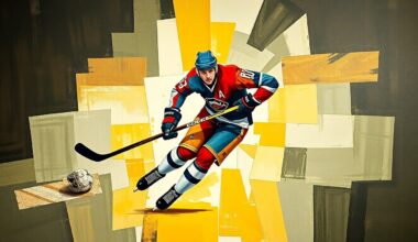 A cubist-style painting depicting a hockey player in mid-stride, their body broken down into sharp, geometric shapes and planes of color, conveying the intensity and dynamism of the sport.