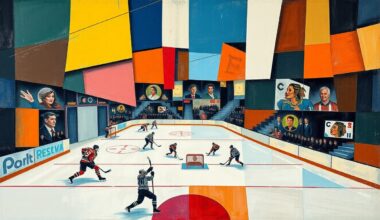 A fragmented, geometric painting depicting the chaotic energy and multiple perspectives of a professional hockey game, with players and the puck represented as overlapping angular shapes in a vibrant color palette.