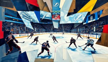 A fragmented, geometric painting depicting the action and intensity of a hockey game between two teams, with sharp angles and overlapping planes representing the players