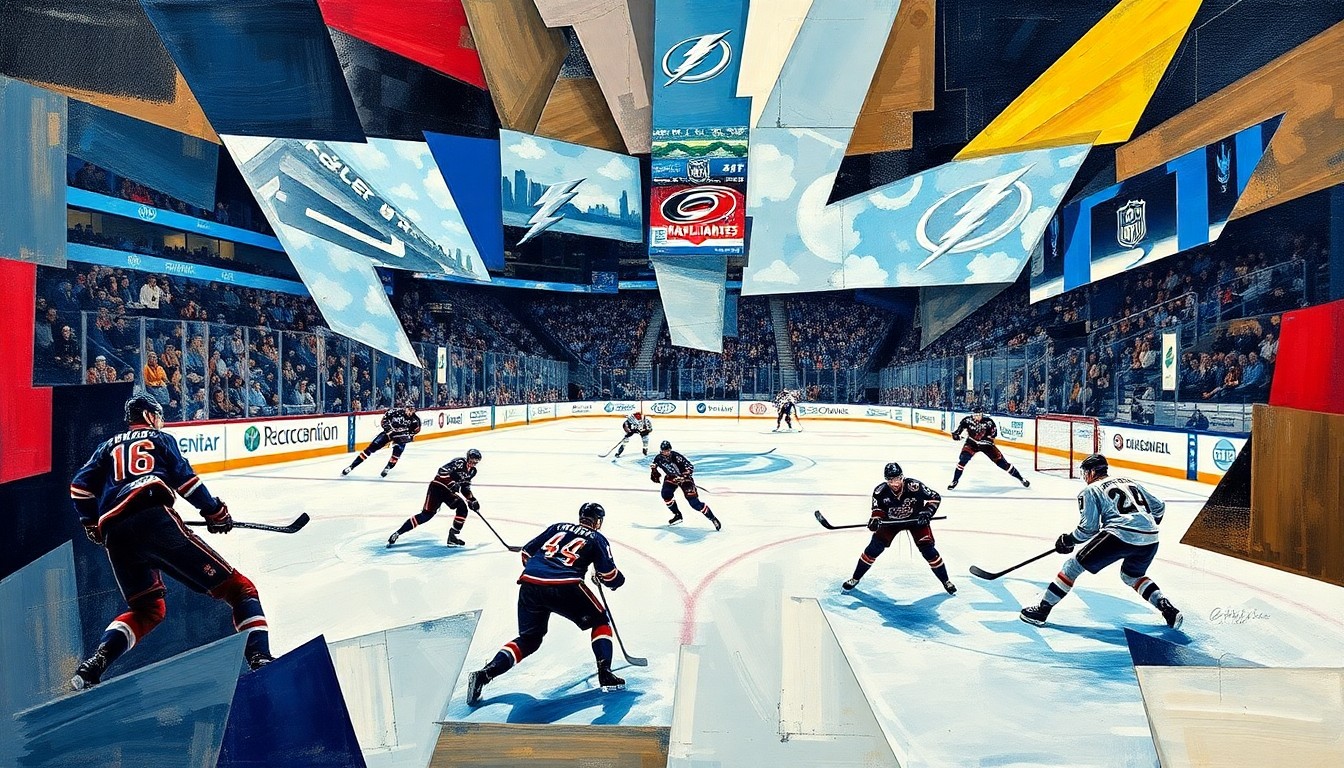 A fragmented, geometric painting depicting the action and intensity of a hockey game between two teams, with sharp angles and overlapping planes representing the players