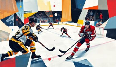 A cubist, geometric painting depicting the dynamic movement and energy of a hockey game, with the players