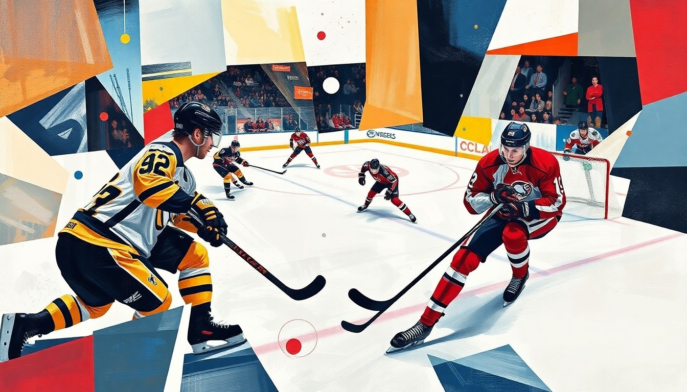 A cubist, geometric painting depicting the dynamic movement and energy of a hockey game, with the players