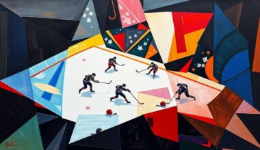 A cubist, geometric painting depicting the dynamic movements and energy of a hockey game, with players and the rink represented through sharp, overlapping shapes and planes of color.