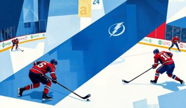 A cubist, geometric painting depicting a hockey game, with angular forms representing the players