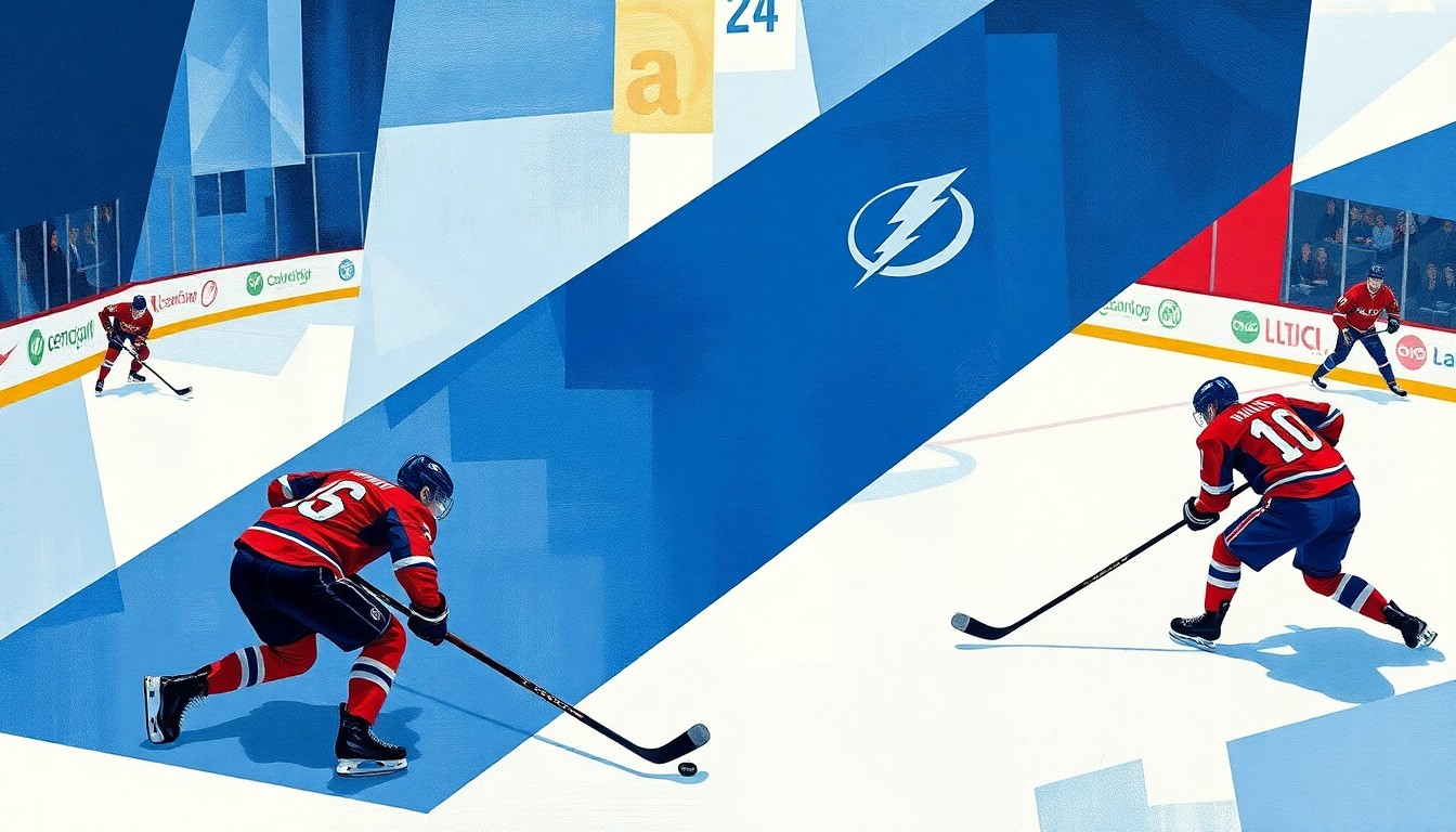 A cubist, geometric painting depicting a hockey game, with angular forms representing the players