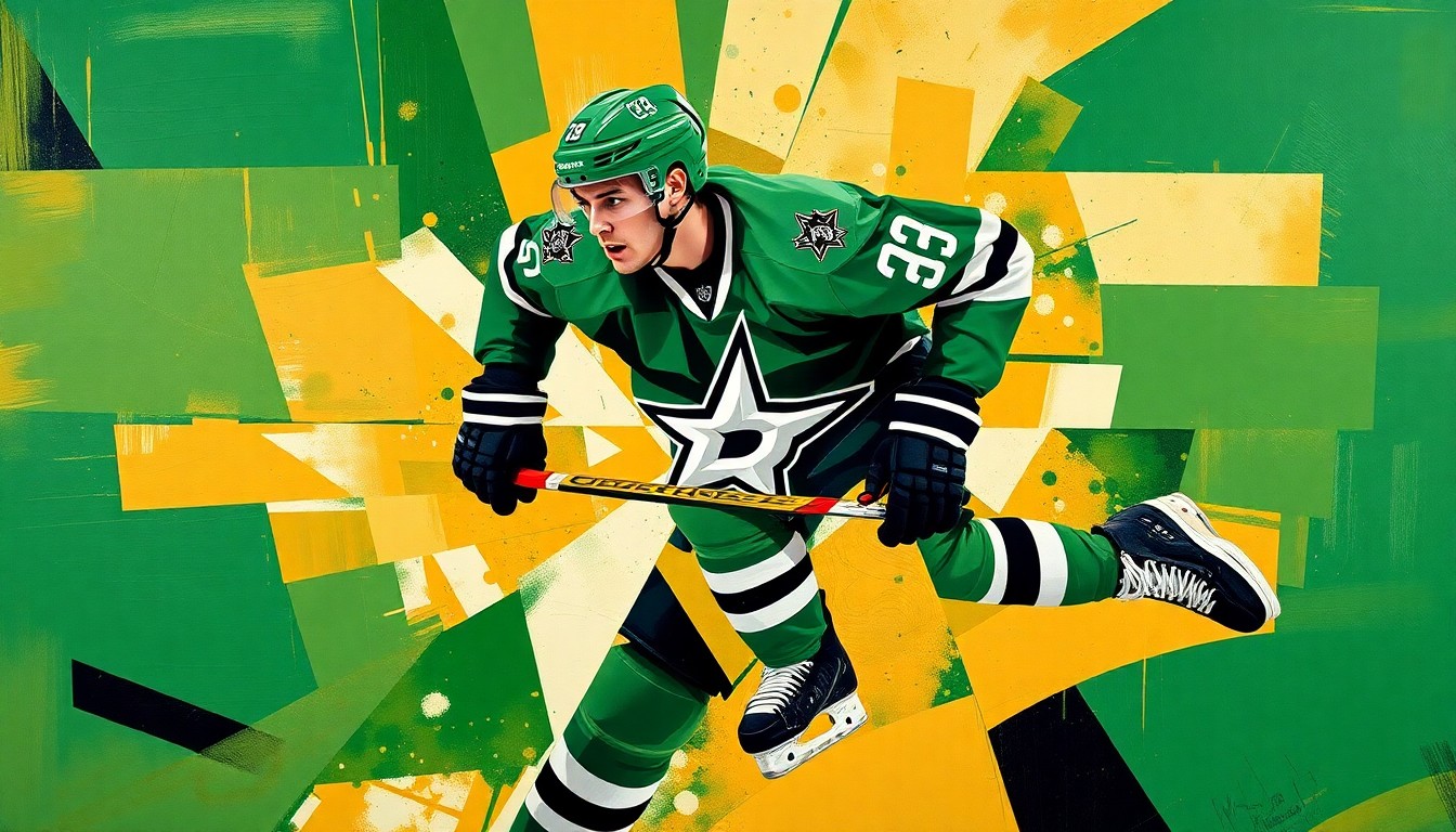 A fragmented, geometric painting depicting a hockey player in motion, with sharp planes of green, gold, and black representing the Dallas Stars
