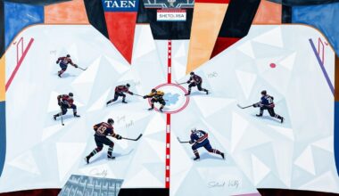 A fragmented, geometric painting depicting a hockey game or match, with sharp, overlapping planes of color and form representing the intricate dynamics of Olympic injuries and their impact on professional teams
