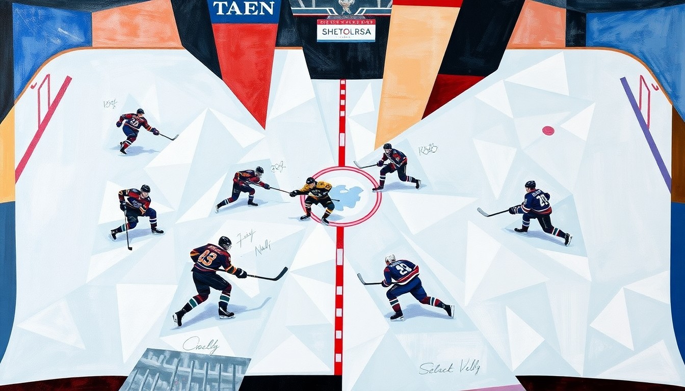 A fragmented, geometric painting depicting a hockey game or match, with sharp, overlapping planes of color and form representing the intricate dynamics of Olympic injuries and their impact on professional teams