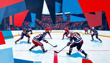 A cubist, geometric painting depicting a hockey game between the New York Rangers and Washington Capitals, with the players and puck represented as dynamic, angular shapes in vibrant blue, red, and white colors.