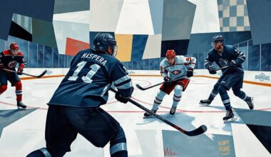 A fragmented, geometric painting in bold colors depicting the dynamic movements and energy of a hockey game, with the players