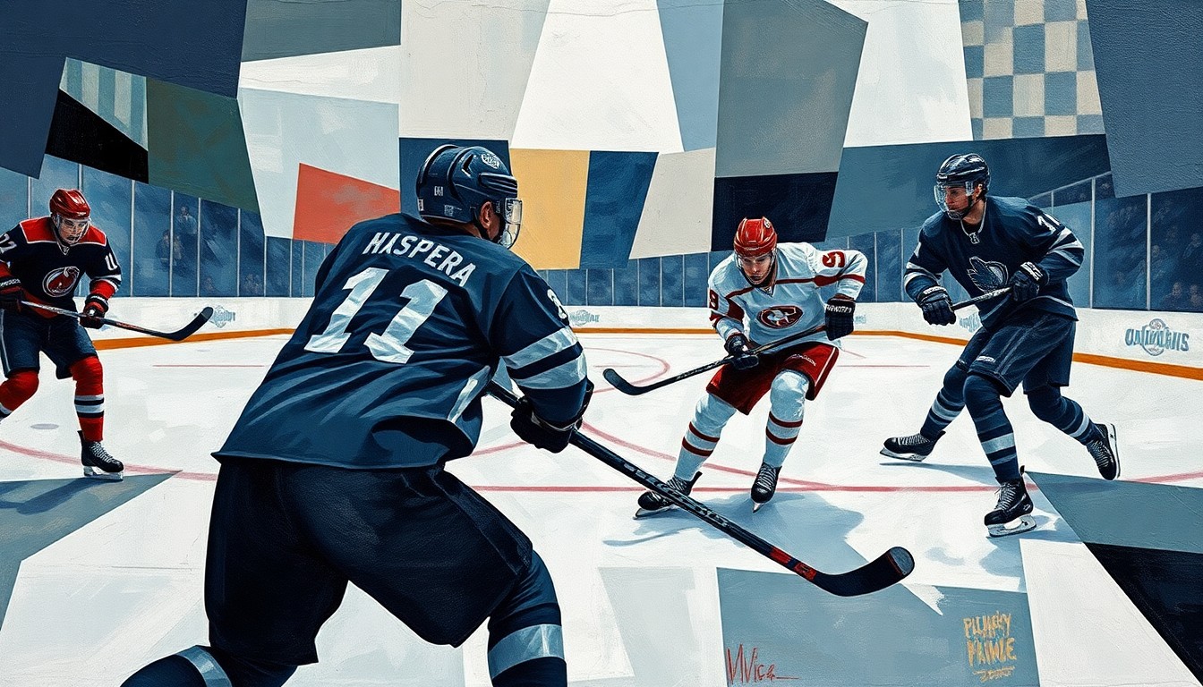 A fragmented, geometric painting in bold colors depicting the dynamic movements and energy of a hockey game, with the players