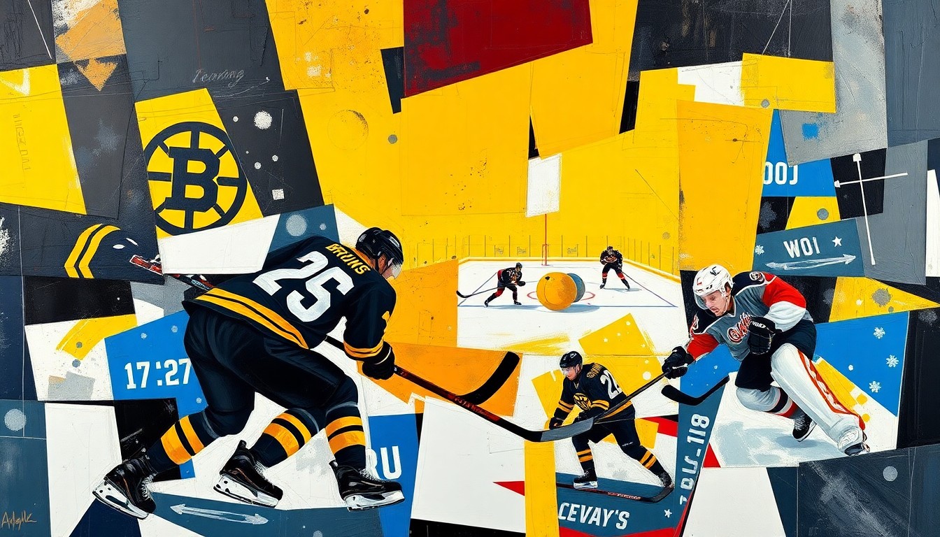 A dynamic, abstract painting in the cubist style, featuring overlapping geometric planes in the colors of the Bruins and Blue Jackets uniforms, capturing the intensity and movement of a hockey game.