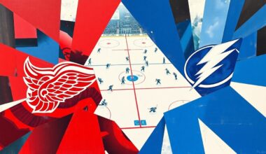 A fractured, cubist-style painting depicting a hockey game between the Tampa Bay Lightning and Detroit Red Wings, with the players and action broken down into sharp, overlapping geometric shapes in vibrant blues, reds, and whites, conceptually representing the different stakes for the two teams in this final regular-season matchup.
