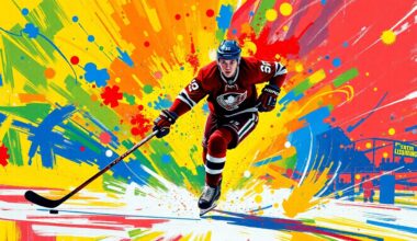An abstract, expressionist painting in vibrant neon colors capturing the raw energy and movement of a hockey player scoring a goal, with the player