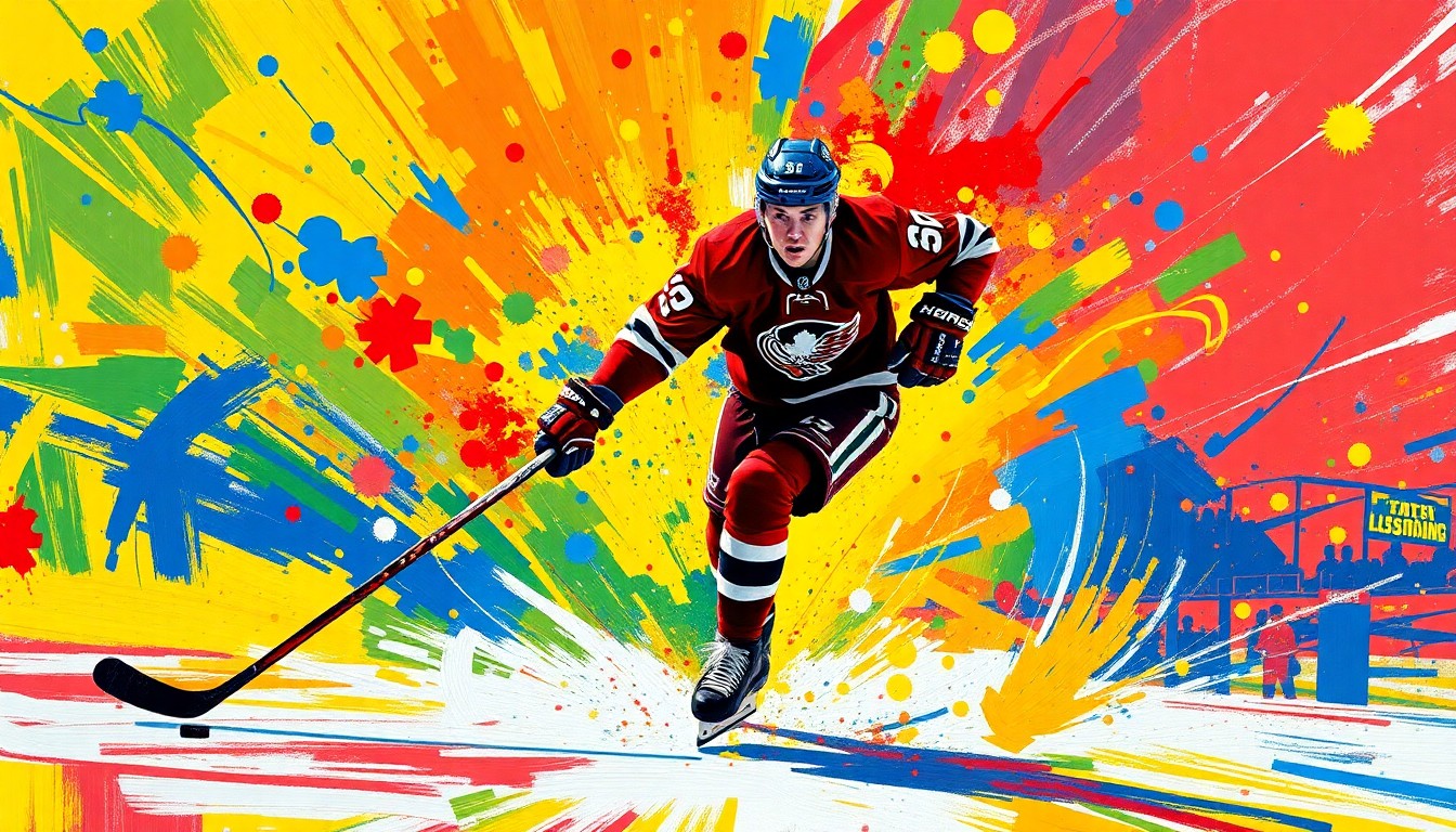 An abstract, expressionist painting in vibrant neon colors capturing the raw energy and movement of a hockey player scoring a goal, with the player