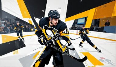 A cubist, geometric painting depicting a hockey player in motion, with sharp, overlapping shapes and planes in the Penguins