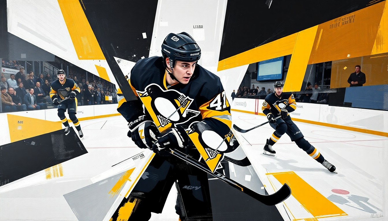 A cubist, geometric painting depicting a hockey player in motion, with sharp, overlapping shapes and planes in the Penguins