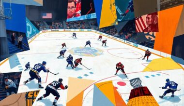 A cubist-style painting featuring overlapping geometric shapes and planes in shades of blue, red, and black, representing the dynamic action and strategic adjustments of a hockey game between the St. Louis Blues and Chicago Blackhawks.