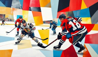 A fragmented, geometric painting in shades of red, black, and blue, depicting the abstract forms of hockey players in motion, representing the uncertainty and high stakes surrounding the health of key NHL stars.