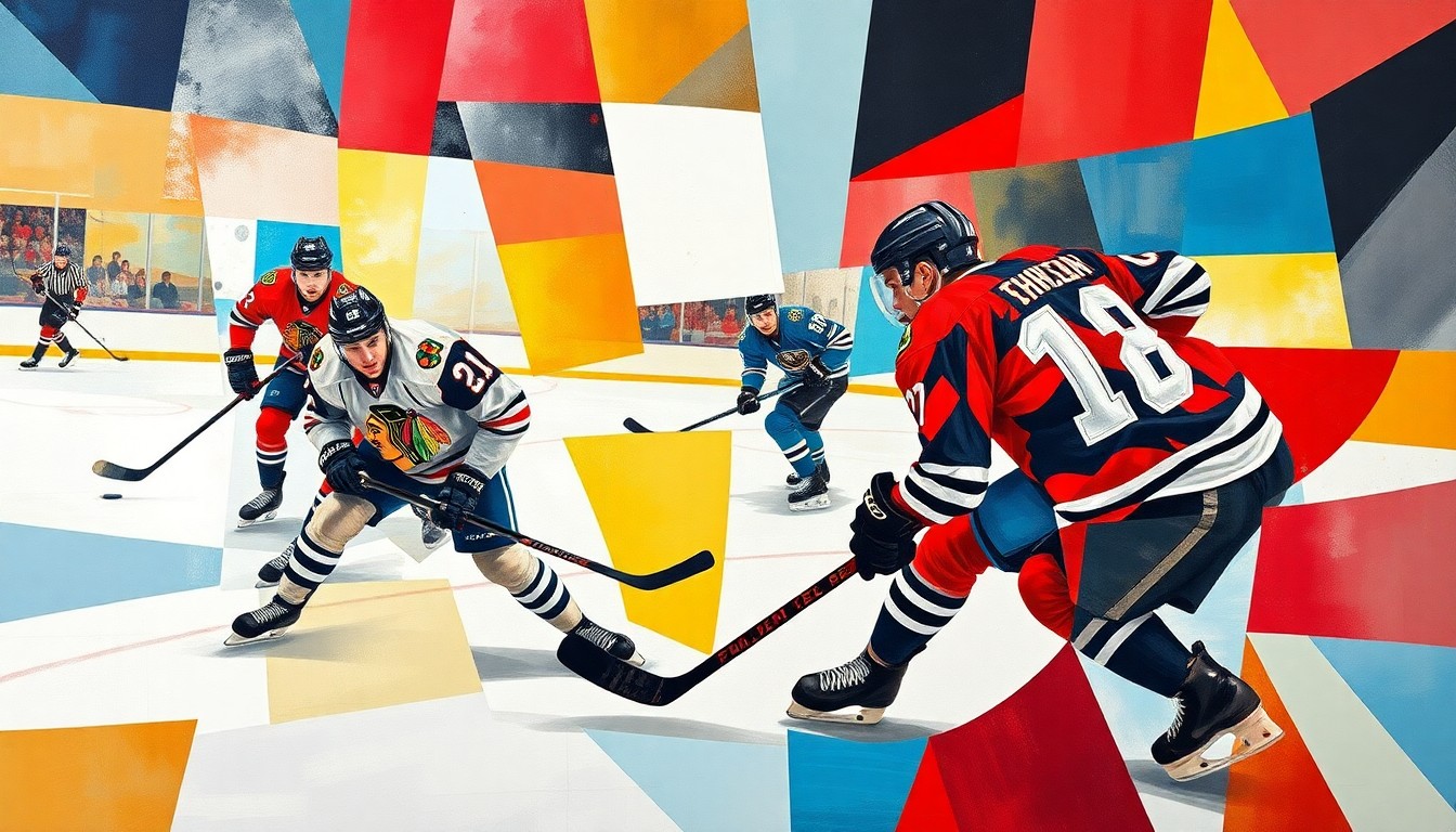 A fragmented, geometric painting in shades of red, black, and blue, depicting the abstract forms of hockey players in motion, representing the uncertainty and high stakes surrounding the health of key NHL stars.