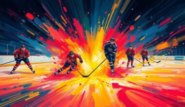 An abstract, energetic painting in neon colors depicting the intense action and movement of a professional hockey game, with players