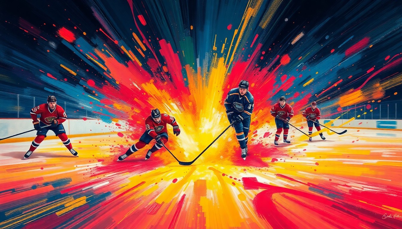 An abstract, energetic painting in neon colors depicting the intense action and movement of a professional hockey game, with players