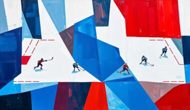 A cubist, geometric painting depicting a fragmented hockey game, with sharp, overlapping planes of blue, white, and red, conceptually representing the complex situation surrounding the Maple Leafs