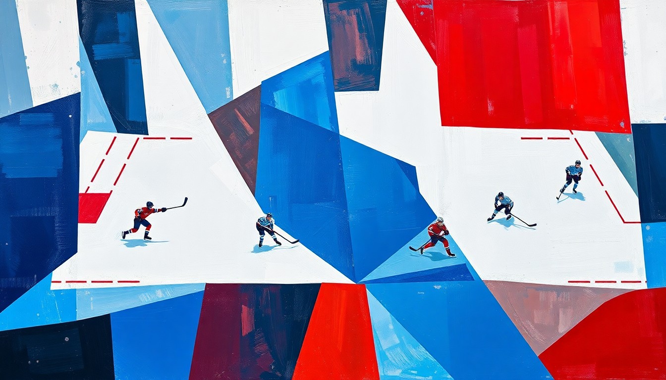 A cubist, geometric painting depicting a fragmented hockey game, with sharp, overlapping planes of blue, white, and red, conceptually representing the complex situation surrounding the Maple Leafs