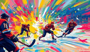 An abstract, expressionist painting featuring vibrant neon brushstrokes and splatters of color, capturing the raw energy and movement of a hockey game, with players