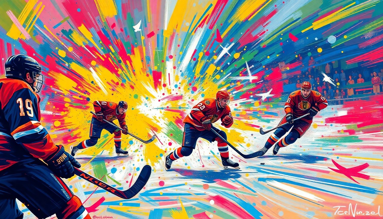An abstract, expressionist painting featuring vibrant neon brushstrokes and splatters of color, capturing the raw energy and movement of a hockey game, with players