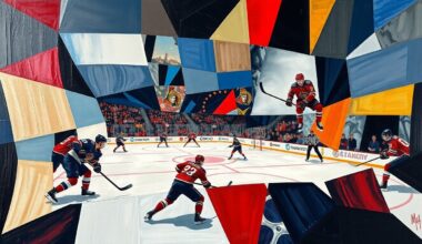 A cubist, geometric painting depicting a hockey game between the Ottawa Senators and Seattle Kraken, with the players
