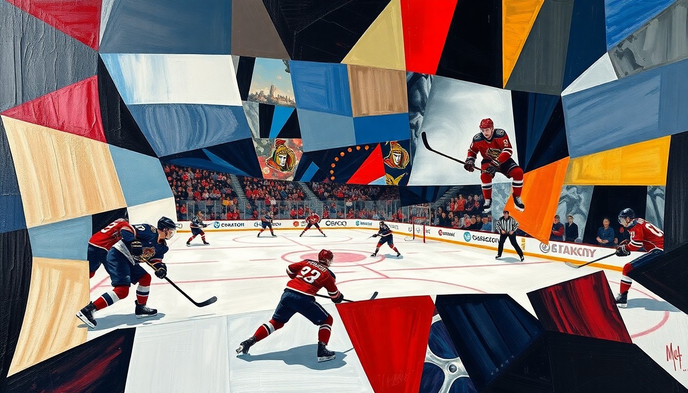 A cubist, geometric painting depicting a hockey game between the Ottawa Senators and Seattle Kraken, with the players