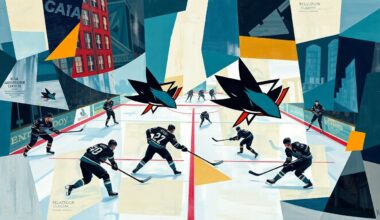 A fractured, geometric painting in vibrant blues, greens, and reds, capturing the dynamic movements and energy of a Sharks hockey game in an abstract, deconstructed style.