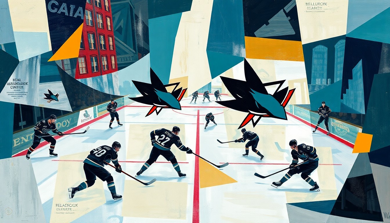 A fractured, geometric painting in vibrant blues, greens, and reds, capturing the dynamic movements and energy of a Sharks hockey game in an abstract, deconstructed style.