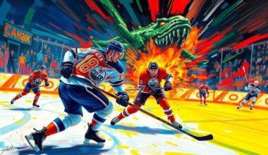 A vibrant, expressionist painting in neon colors depicting the intense action and defensive focus of a hockey game, with players