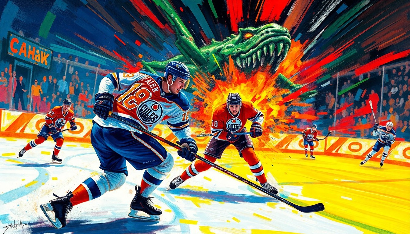 A vibrant, expressionist painting in neon colors depicting the intense action and defensive focus of a hockey game, with players