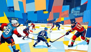 A fragmented, geometric painting depicting a hockey game, with sharp planes of blue, red, and yellow representing the players and action on the ice.