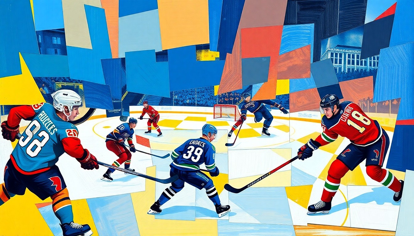A fragmented, geometric painting depicting a hockey game, with sharp planes of blue, red, and yellow representing the players and action on the ice.
