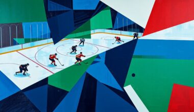 A fractured, geometric painting depicting the hockey game between the Canucks and Ducks, with angular shapes and planes representing the players