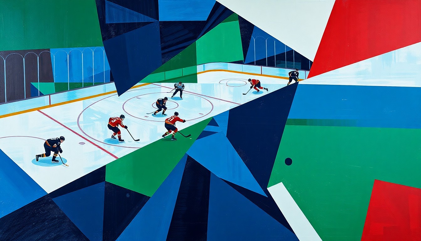 A fractured, geometric painting depicting the hockey game between the Canucks and Ducks, with angular shapes and planes representing the players