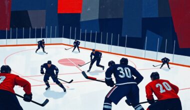A cubist-style painting depicting the chaotic action of a hockey game, with overlapping geometric shapes representing the players, sticks, and ice, conveying the intensity and drama of the overtime finish.