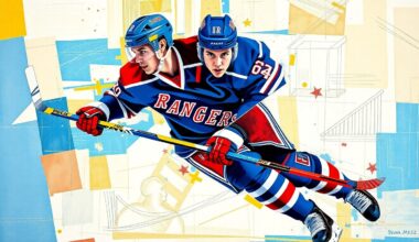 A cubist, geometric painting depicting a hockey player in motion, with sharp, overlapping planes of blue and red, representing the dynamic nature of Fortescue