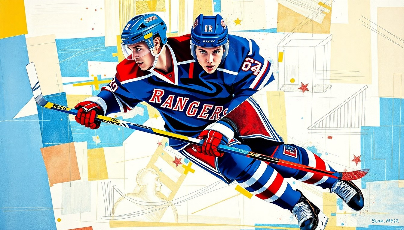 A cubist, geometric painting depicting a hockey player in motion, with sharp, overlapping planes of blue and red, representing the dynamic nature of Fortescue